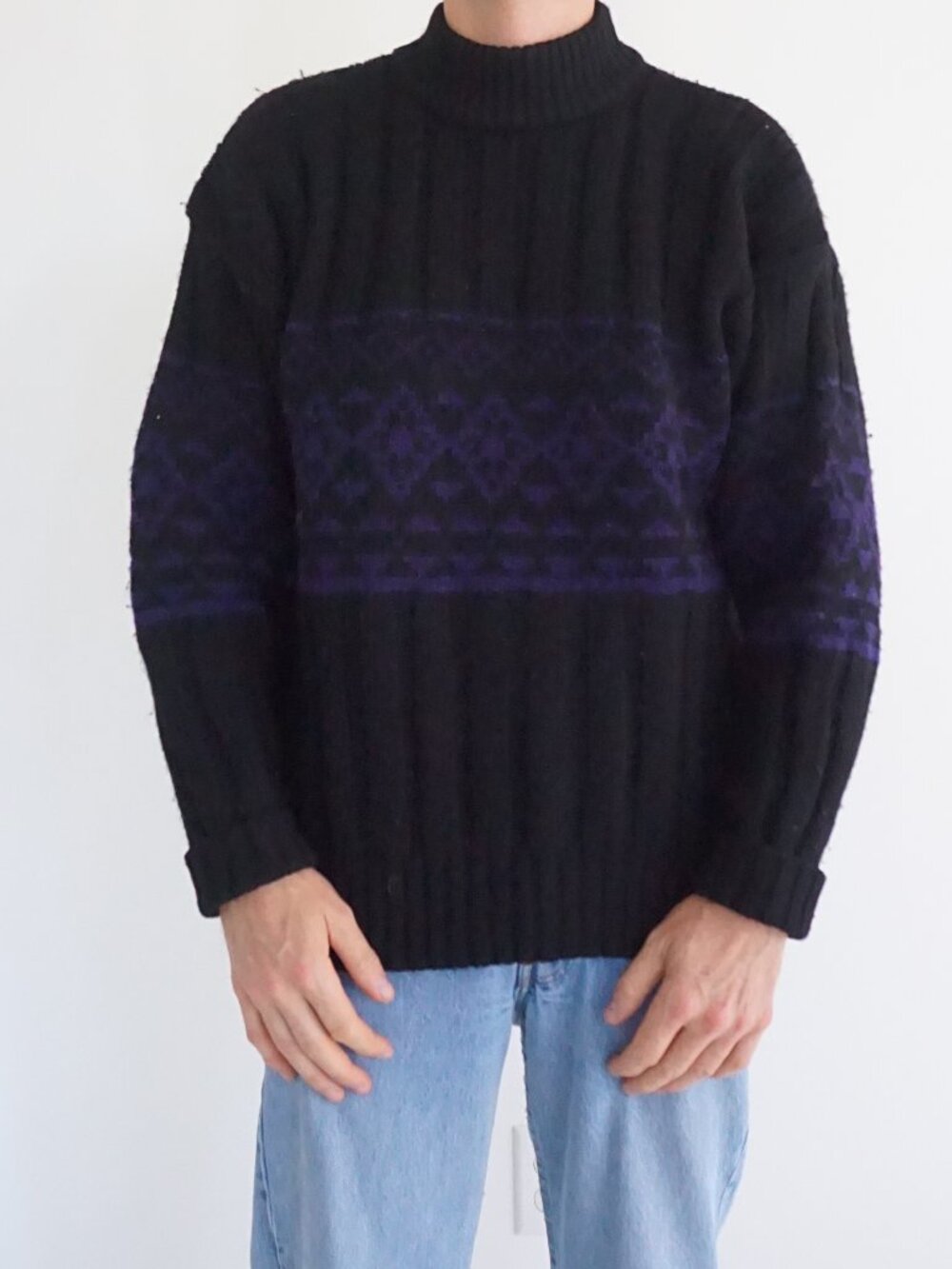 Vintage Gap Black Purple Geometric Wool Mock Neck Long Sleeve Jacquard Sweater M